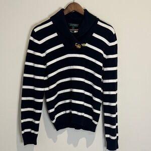 Ralph Lauren Navy & White Striped Shawl Neck Sweater with Gold Rope Clasp